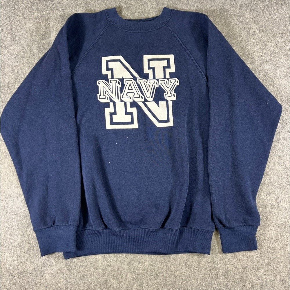 Vintage 80s US Navy Sweatshirt Mens Medium Blue Pullover USA Cotton Military